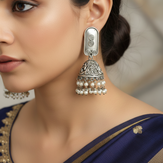 Oxidised German Silver Jhumka Earrings with Pearl Drops for Women