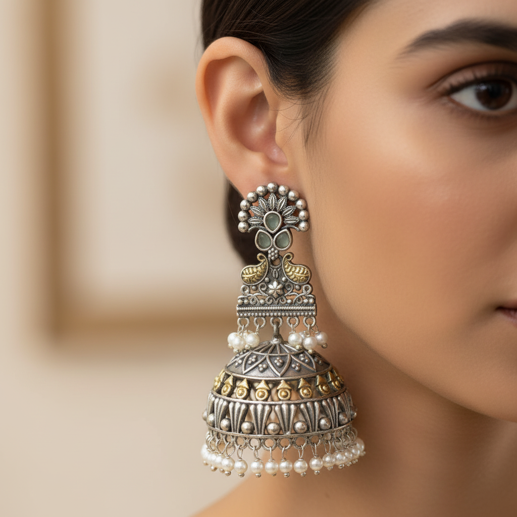 Oxidised German Silver Long Jhumka Earrings with Pearl Drops