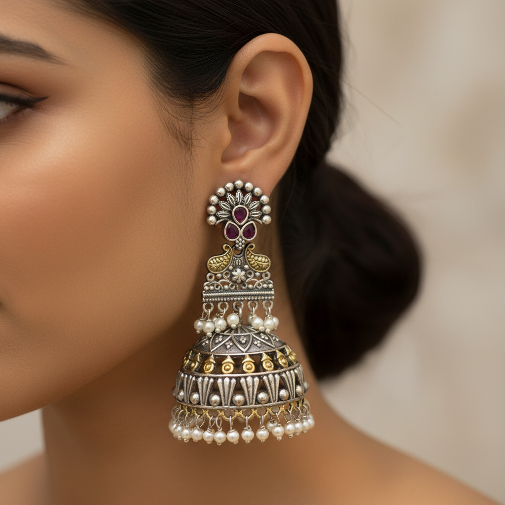 Oxidised German Silver Long Jhumka Earrings with Pearl Drops