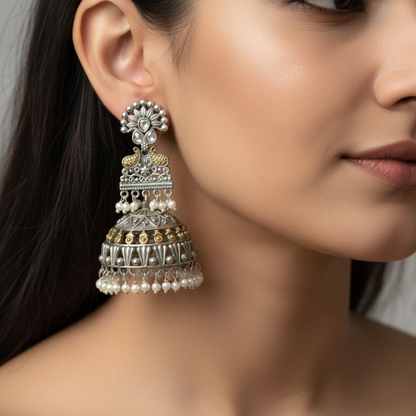 Oxidised German Silver Long Jhumka Earrings with Pearl Drops