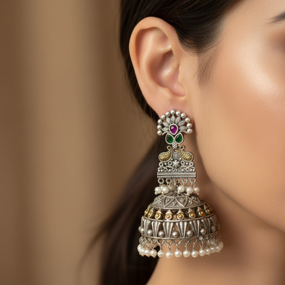 Oxidised German Silver Long Jhumka Earrings with Pearl Drops