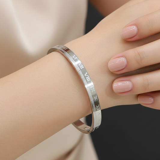 Silver Roman Numeral Engraved Kada Bracelet for Women