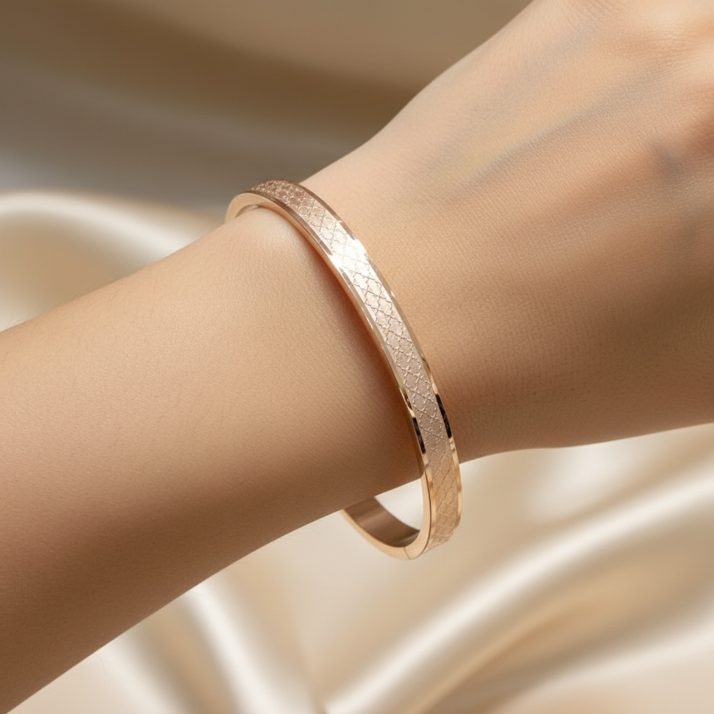 Rose Gold Textured Slim Kada Bracelet for Women