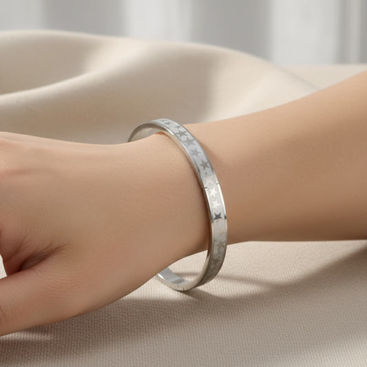 Silver Star Engraved Slim Kada Bracelet for Women