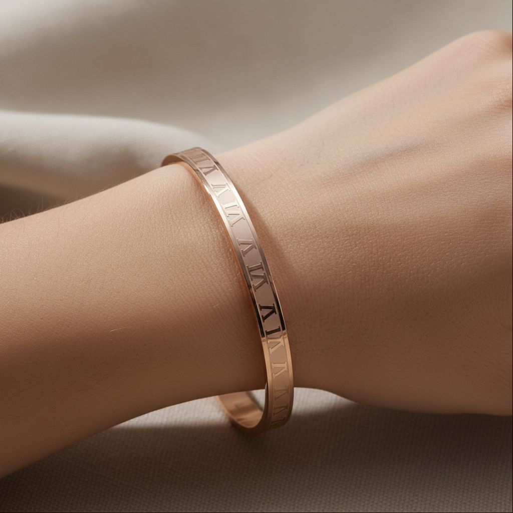 Rose Gold Roman Numeral Engraved Kada Bracelet for Women