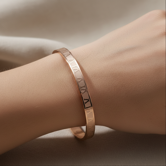 Rose Gold Roman Numeral Engraved Kada Bracelet for Women