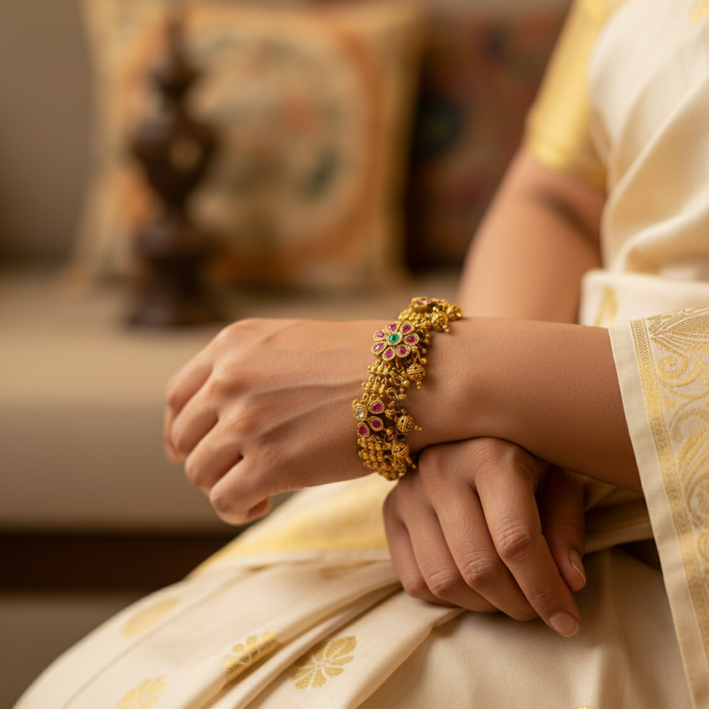 Traditional Gold Plated Floral Bracelet for Women