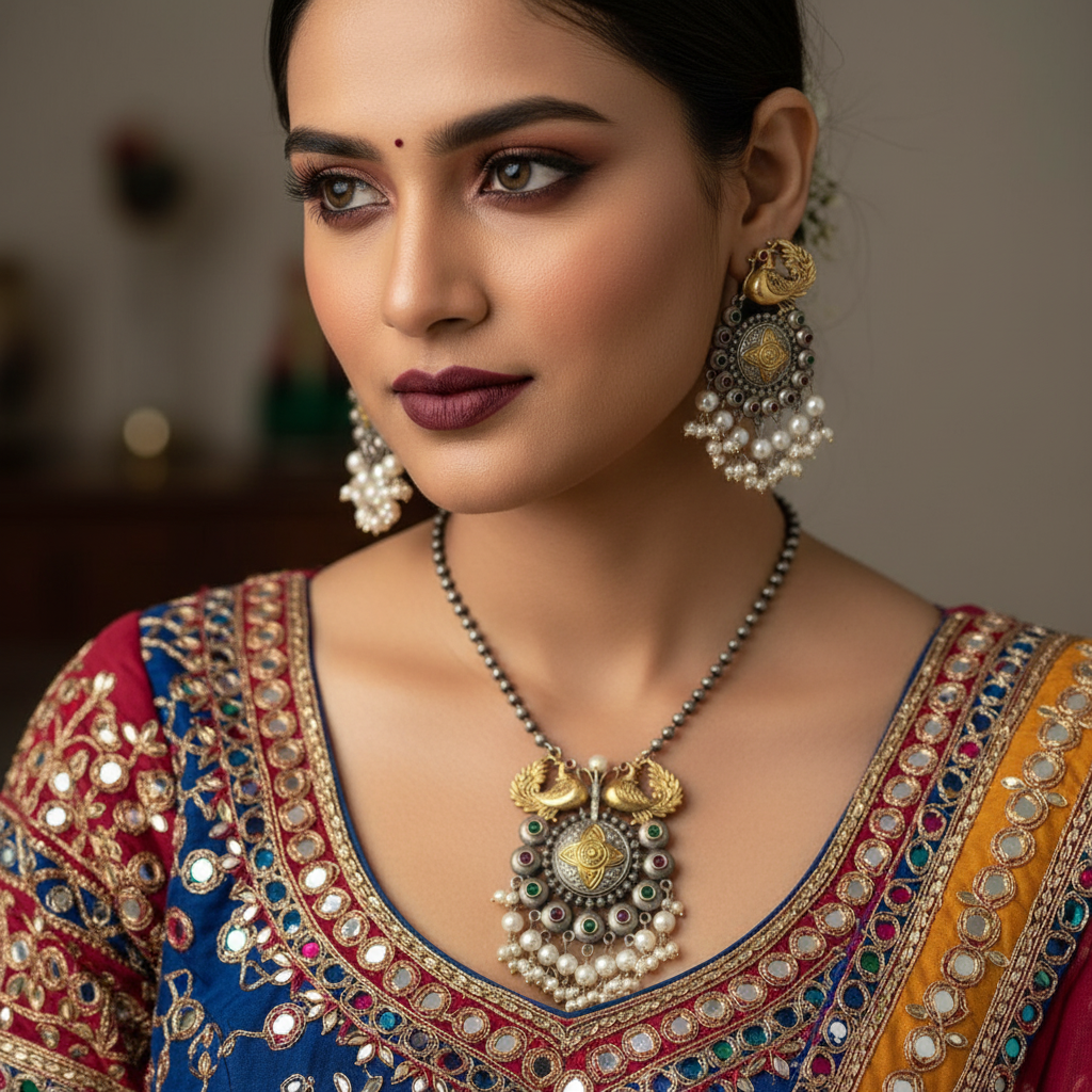 Oxidised German Silver Peacock Pendant Necklace Set with Earrings