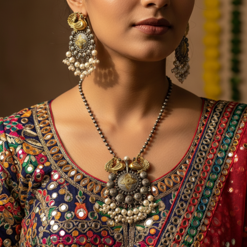Oxidised German Silver Peacock Pendant Necklace Set with Earrings