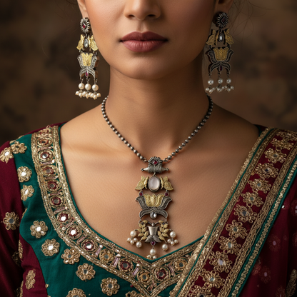 Handcrafted Oxidised German Silver Lotus Necklace Set with Pearl Drops & Earrings
