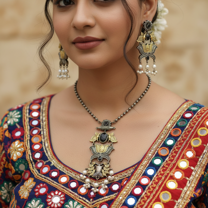Handcrafted Oxidised German Silver Lotus Necklace Set with Pearl Drops & Earrings