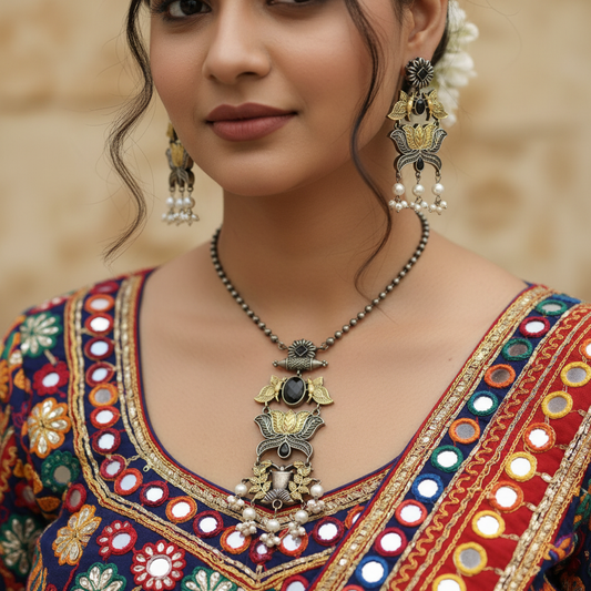 Handcrafted Oxidised German Silver Lotus Necklace Set with Pearl Drops & Earrings