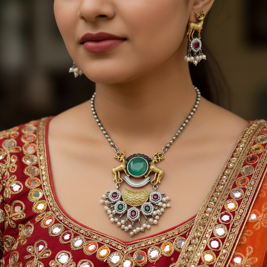 Antique Oxidised German Silver Deer Motif Necklace Set with Multicolor Stones & Pearl Drops