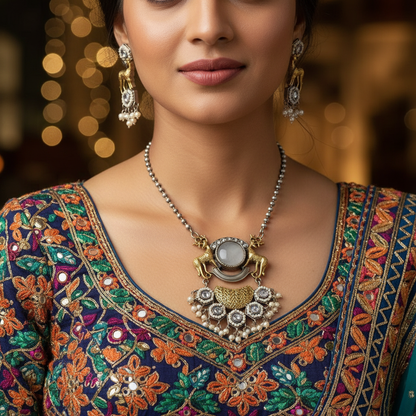 Antique Oxidised German Silver Deer Motif Necklace Set with Multicolor Stones & Pearl Drops