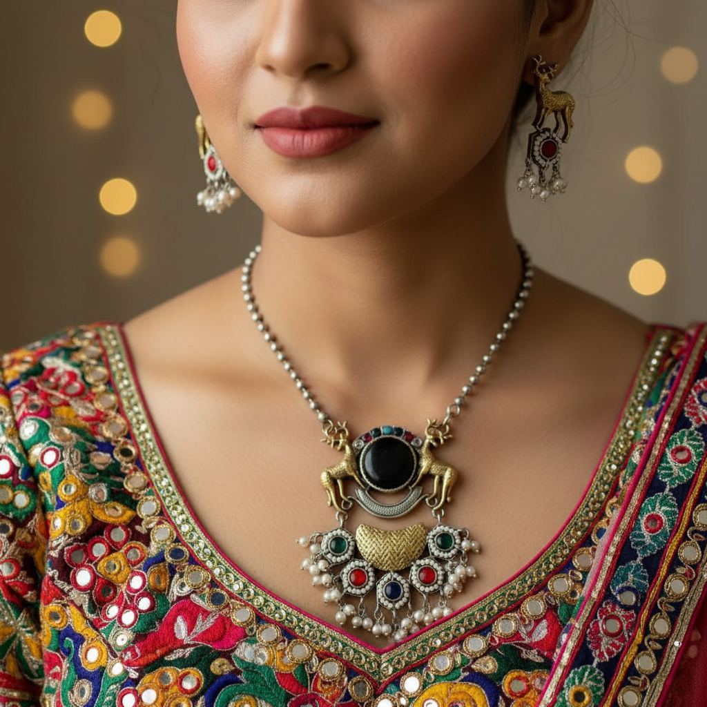Antique Oxidised German Silver Deer Motif Necklace Set with Multicolor Stones & Pearl Drops