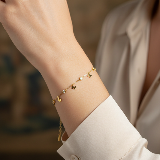 Dainty Gold Butterfly Charm Bracelet with Zircon Stones