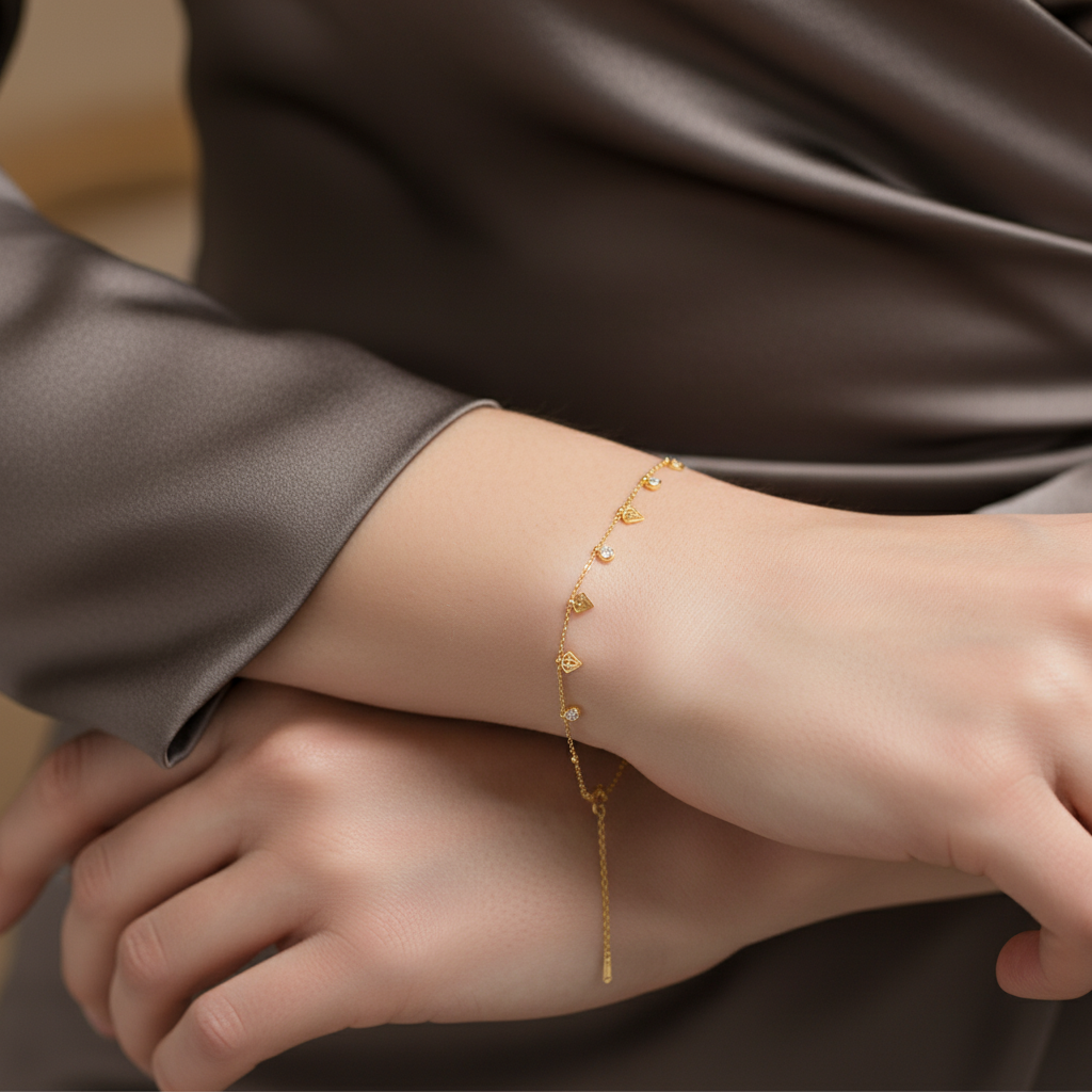 Dainty Gold Geometric Charm Bracelet with Zircon Stones