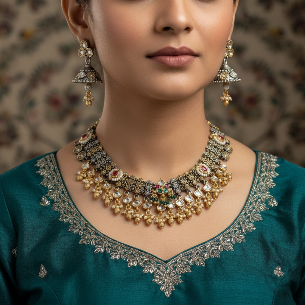 German Silver Oxidised Kundan Choker Necklace
