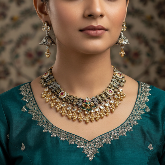 German Silver Oxidised Kundan Choker Necklace