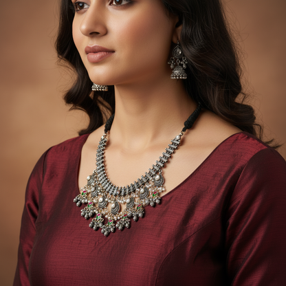 Heavy Oxidised German Silver Tribal Necklace with Pearl Drops