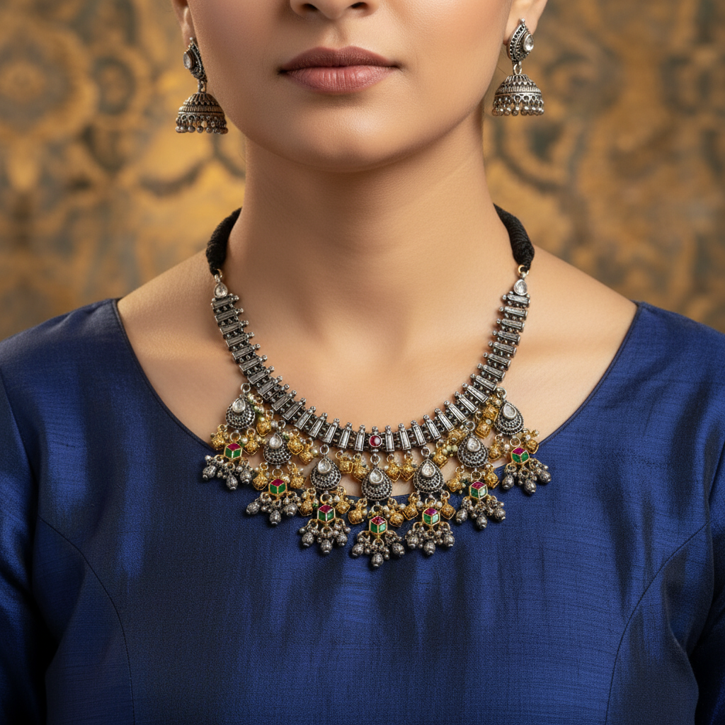 Heavy Oxidised German Silver Tribal Necklace with Pearl Drops