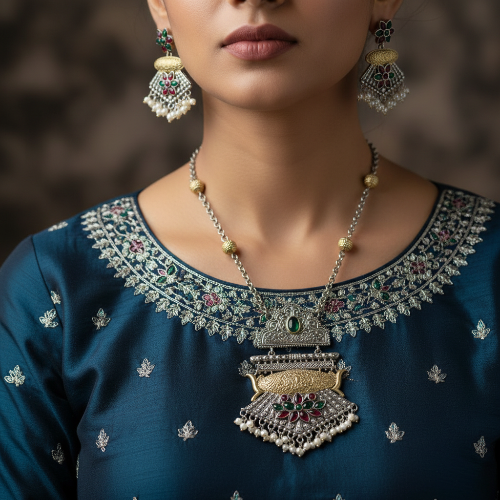 Dual Tone German Silver Oxidised Necklace Set