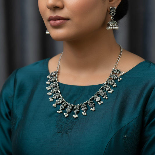 Oxidised German Silver Square Stone Necklace with Pearl Drops