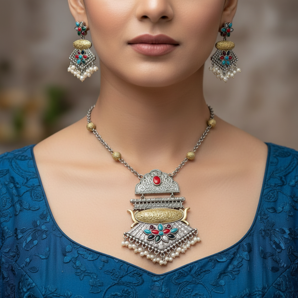 Dual Tone German Silver Oxidised Necklace Set