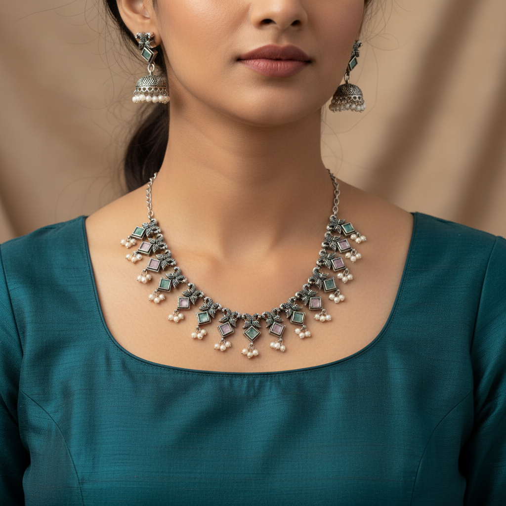 Oxidised German Silver Square Stone Necklace with Pearl Drops