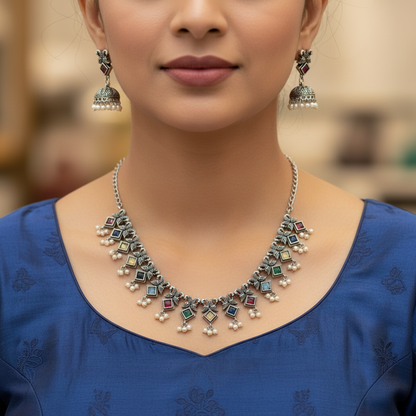 Oxidised German Silver Square Stone Necklace with Pearl Drops