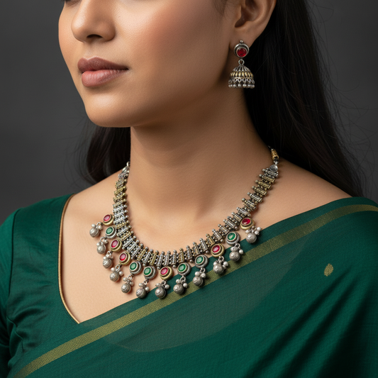 Oxidised German Silver Red Green Stone Necklace with Ghungroo Drops