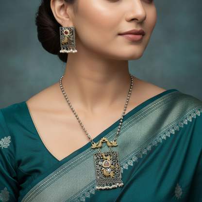 German Silver Oxidised Peacock Pendant Necklace