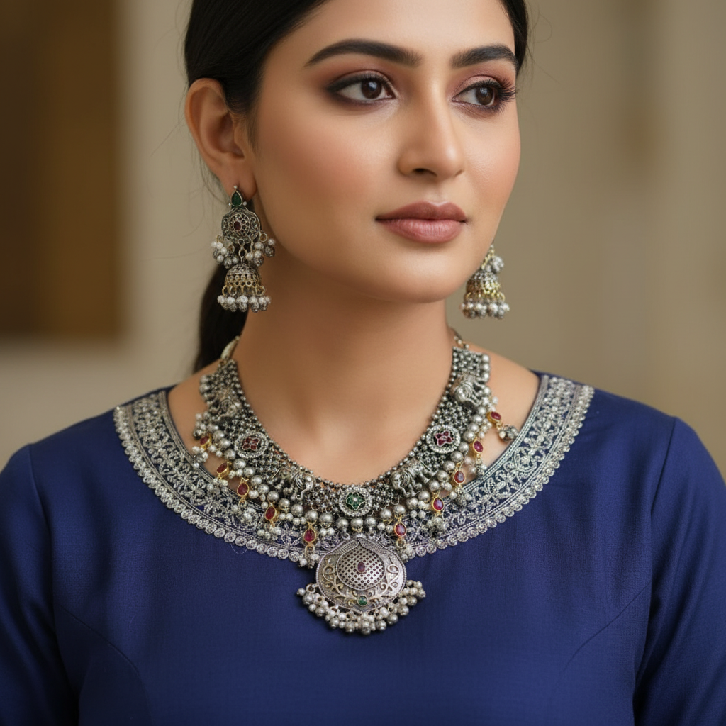 Oxidised German Silver Kundan Choker Necklace with Pearl Drops