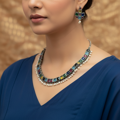 Multicolor Stone Oxidised German Silver Choker Necklace with Pearl Drops