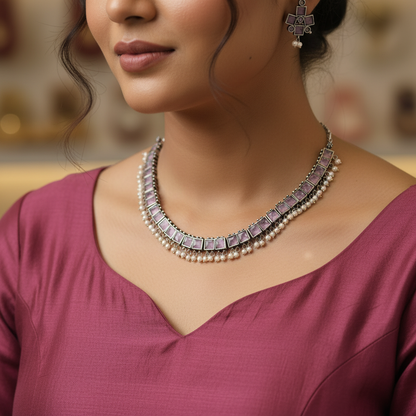 Multicolor Stone Oxidised German Silver Choker Necklace with Pearl Drops