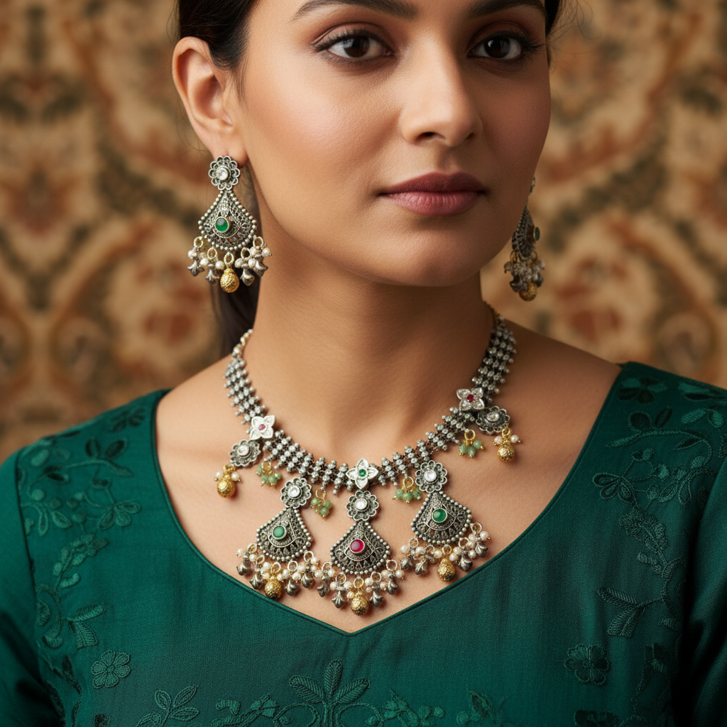 Floral Oxidised German Silver Necklace with Green & Red Stones and Pearl Drops