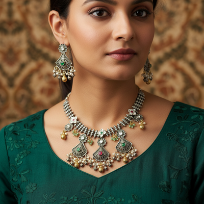 Floral Oxidised German Silver Necklace with Green & Red Stones and Pearl Drops