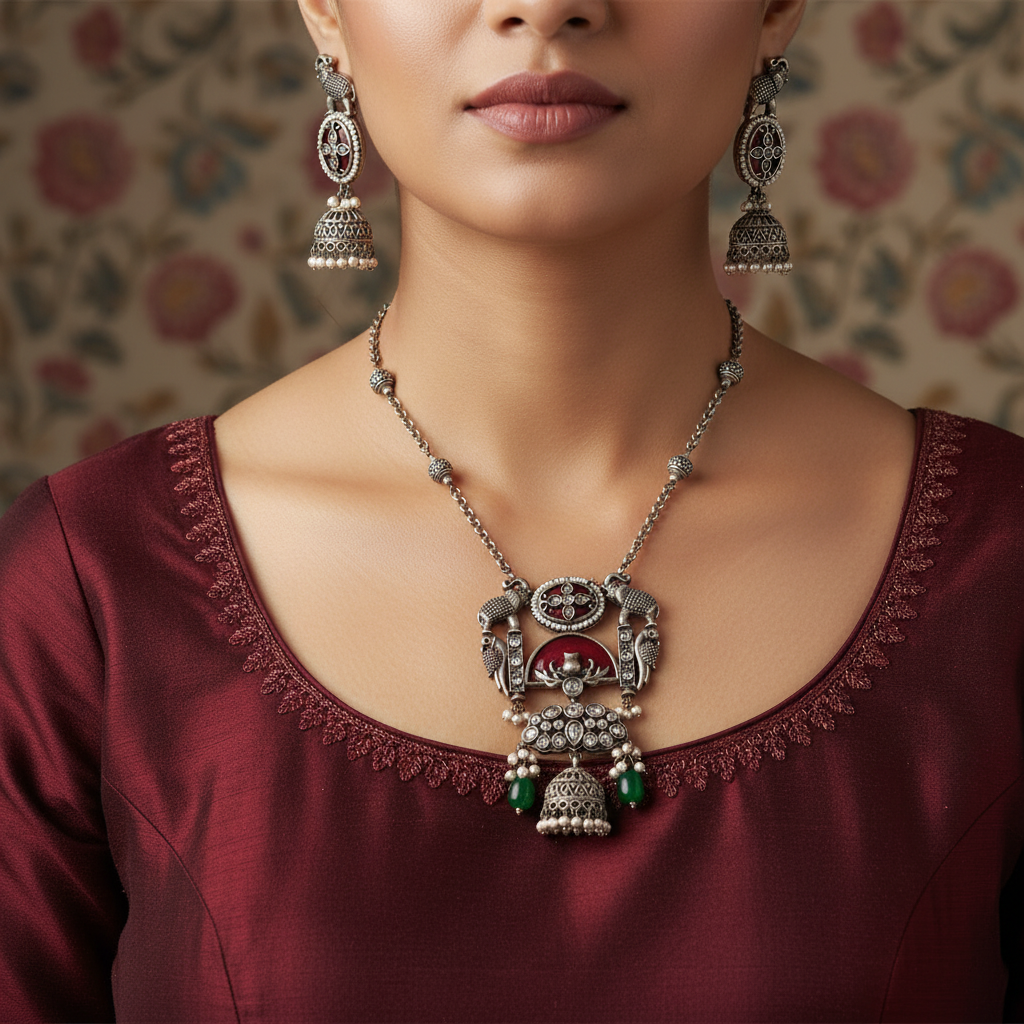 German Silver Oxidised Temple Necklace