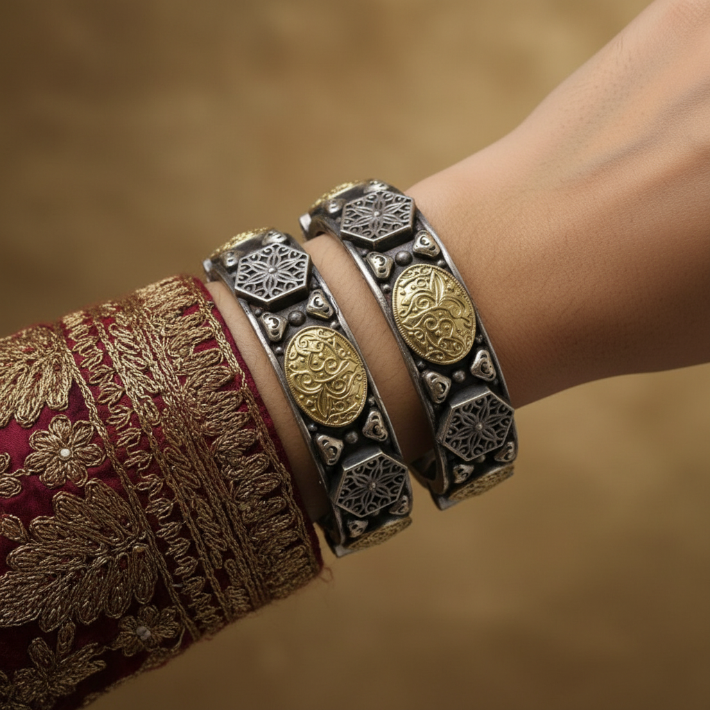 2PC Openable German Silver Kada Bangles with Gold Motif & Geometric Design