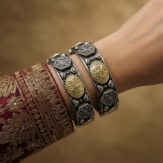 2PC Openable German Silver Kada Bangles with Gold Motif & Geometric Design