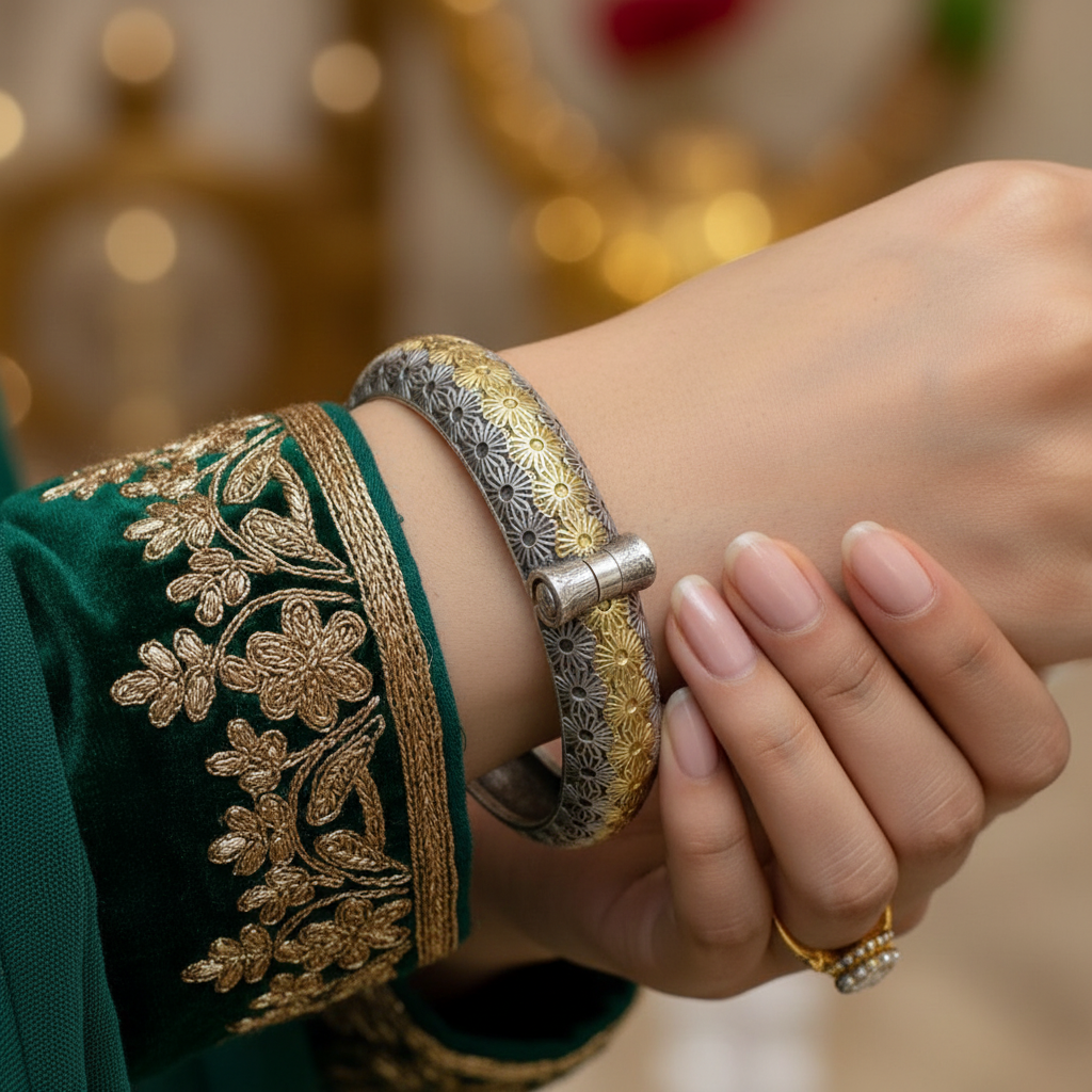 2PC Openable German Silver Kada Bangles with Gold Floral Engraving