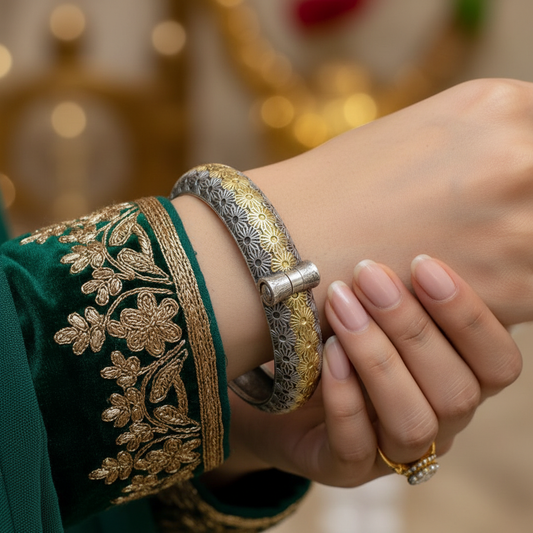 2PC Openable German Silver Kada Bangles with Gold Floral Engraving