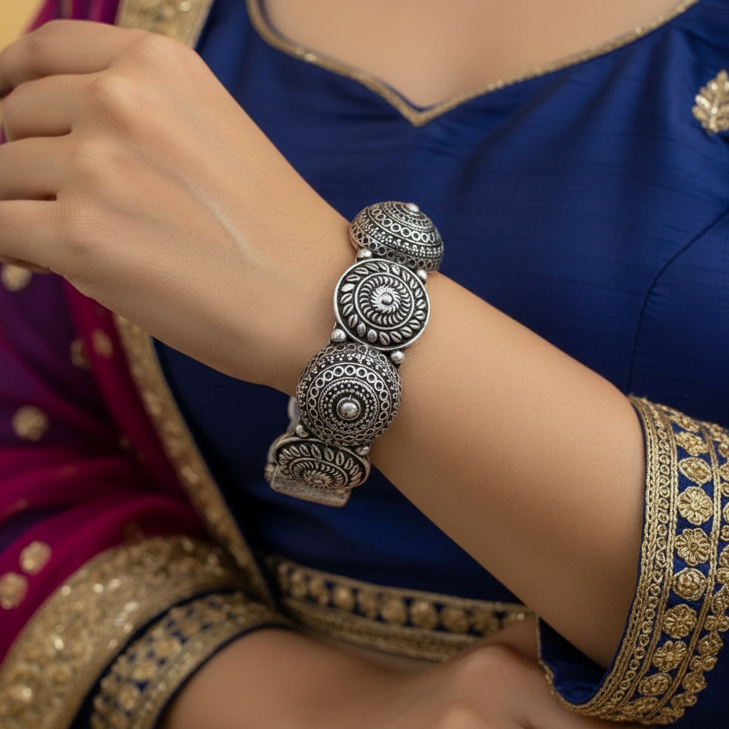 2PC Openable German Silver Antique Round Motif Kada Bangles