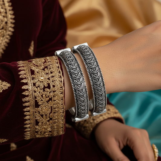 2PC Openable German Silver Engraved Kada Bangles