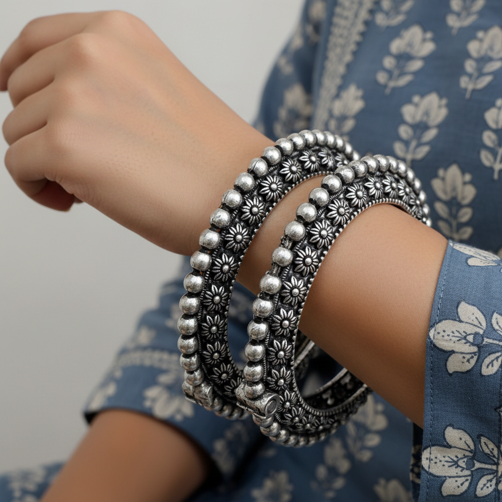 2PC Openable German Silver Floral Kada Bangles