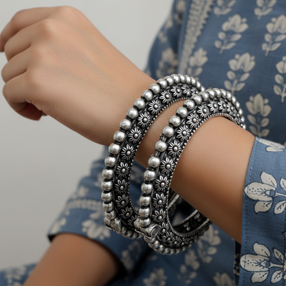 2PC Openable German Silver Floral Kada Bangles