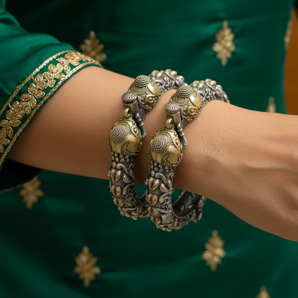 2PC Openable German Silver Tribal Kada Bangles