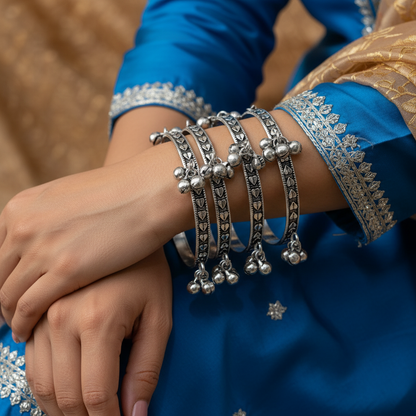 4PC Oxidised Silver Ghungroo Bangles Set