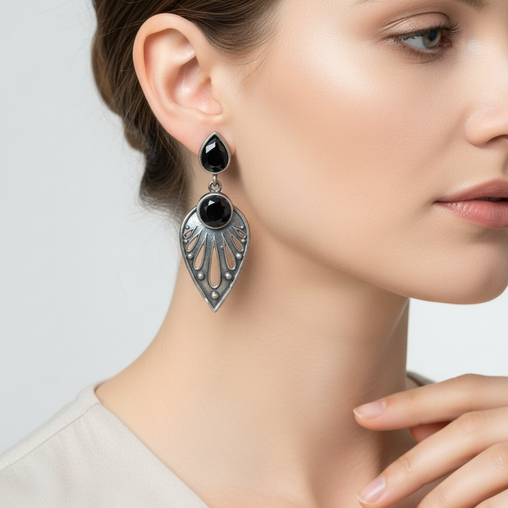 Oxidised German Silver Teardrop Earrings with Dual Stone Detail