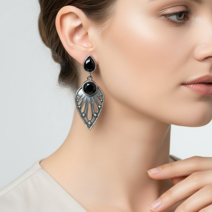 Oxidised German Silver Teardrop Earrings with Dual Stone Detail